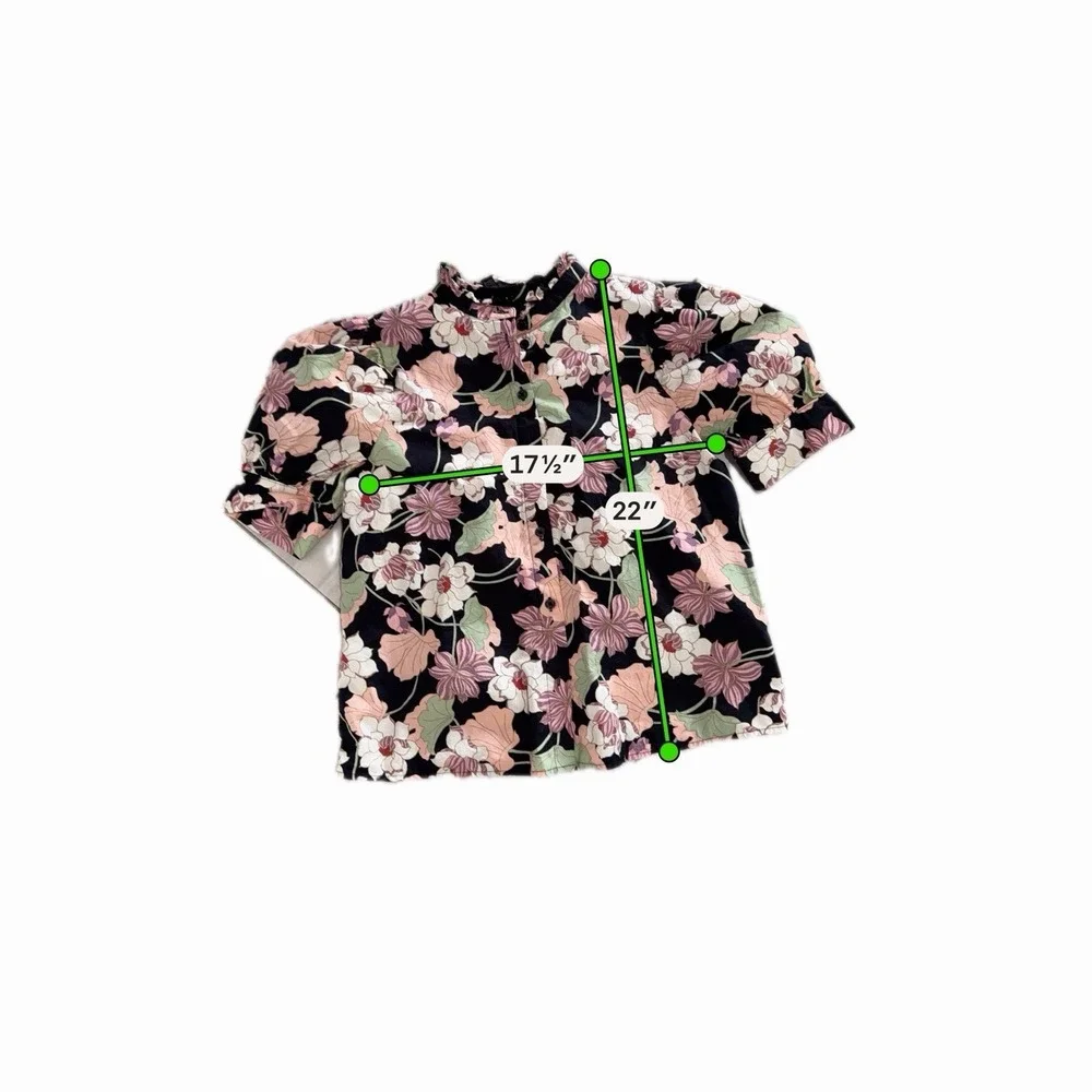 Who What Wear Black Pink Green Floral Blouse Puff Sleeve Ruffle Collar Women's S